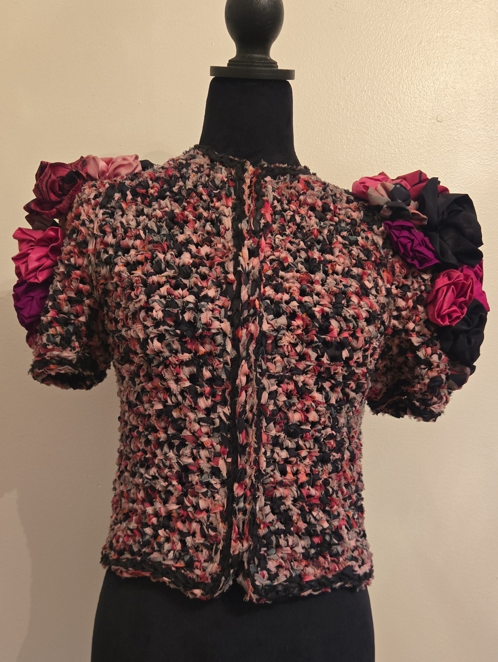 Estelle Gracer Textile Artist Woven Sweater Floral Shoulders Vintage 1984 XS/S